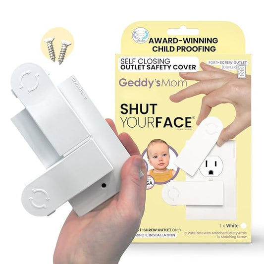 Self-Closing Outlet Cover Plate System by Geddy’s Mom – Automatic Child Safety that Covers Outlets When Unplugged, Shut Your Face, Easy Install, Award-Winning Baby Proofing for 1-Screw Duplex Outlets