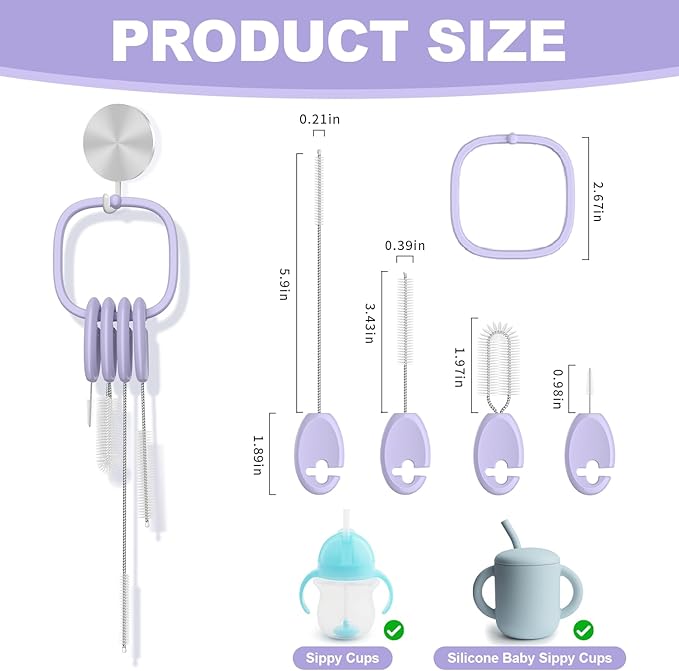 YOTIME 4 in 1 Straw Cleaner Brush Set, Reusable Standing Straw Brushes with Holder Ring, for Baby Bottles, Sippy Cups and Lids, Purple