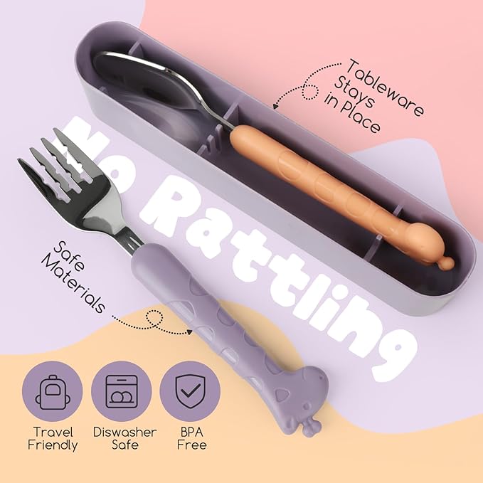 2-Piece Kid Utensils Set, 304 Stainless Steel Kids Fork and Spoon for Self-feeding, Safe Kid Silverware with storage case for School Lunch, Travel & Outdoors, Dishwasher Safe (Purple)