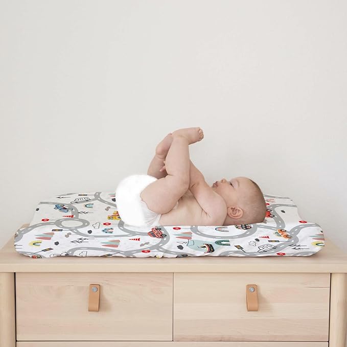 Cartoon Road Car Vehicles Changing Pad Cover City Roadway Truck Boat Mountain Forest Rainbow Diaper Changing Table Cover Sheets for Boy Girl Soft Breathable Stretch Fitted Change Table Mats 32''x16''