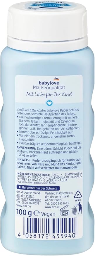 Babylove Baby Powder Sensitive with Calendula , Alcohol-Free, No Perfume, Vegan, 100g