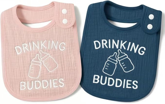 Twin Bibs – Ultra-Soft Cotton Yarn Twin Baby Bibs - 'Drinking Buddies' Design, High Absorbency, Perfect Infant Gift