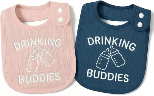 Twin Bibs – Ultra-Soft Cotton Yarn Twin Baby Bibs - 'Drinking Buddies' Design, High Absorbency, Perfect Infant Gift