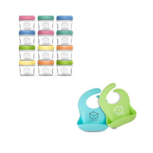 KeaBabies 12-Pack Baby Food Glass Containers and 2-Pack Baby Silicone Bibs - 4 oz Leak-Proof, Microwavable, Kids Food Storage Container, Waterproof, Easy Wipe Silicone Bib