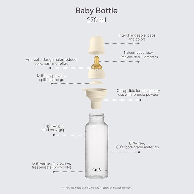 BIBS Baby Bottle 9 oz / 270 ml Natural Rubber Latex Nipple - Anti-Colic, BPA-Free, Round Nipple, Medium Flow, Lightweight & Easy to Clean, Suitable for Newborns 0+ Years - Baby Blue