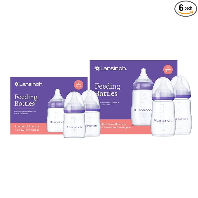 Lansinoh NaturalWave Newborn Gift Set – 3 Anti‑Colic 5 oz Bottles with S‑Flow Nipples + 3 Breastfeeding 8 oz Bottles with M‑Flow Nipples (6 Pack)