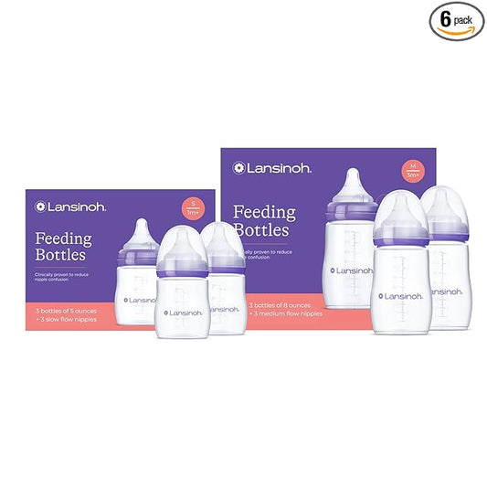 Lansinoh NaturalWave Newborn Gift Set – 3 Anti‑Colic 5 oz Bottles with S‑Flow Nipples + 3 Breastfeeding 8 oz Bottles with M‑Flow Nipples (6 Pack)