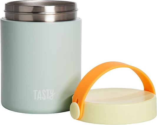 Tasty Food Jar with Folding Handle, Portable Snack Travel or Lunch Container, Stainless Steel Insulated Vacuum with Leak-Proof Lid, Keeps Food Hot or Cold for Hours, 15-Ounce, Aqua