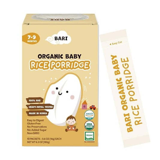 BARI Organic Baby Rice Porridge – Stage 2 – For Babies 7+ Months | USDA Organic, Heavy Metal Tested, Korean Rice Cereal, No Added Sugar, Gluten-Free | 6.3 oz (10 Packets)