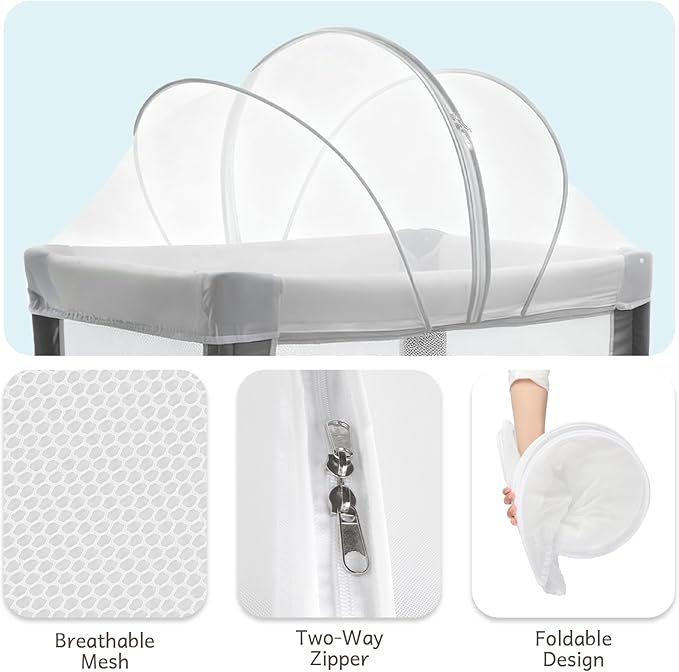 Mosquito Net for Pack N Play, Keep Cats Out, Netting Cover with 2-Way Zipper for Playpen, Foldable with Storage Bag, White