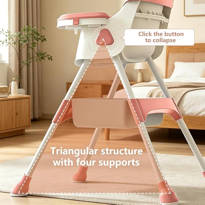 Portable Baby High Chair for Babies & Toddlers, Easy-Clean Multi-Use Feeding Chair with Lockable Wheels & Toy Storage Basket-Pink