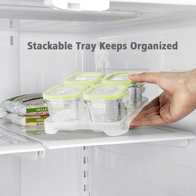 Matyz 4-Pack Baby Glass Jars for Food Storage with Lids Airtight and Stackable Tray (Mint Green, 4 OZ Each) - Small Solid Food Storage Containers for Baby On The Go - Freezer Microwave Oven Safe