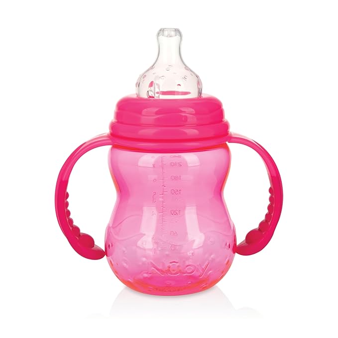 Nuby 3 in 1 Baby Bottle to Training Sippy Cup - 8 Oz Toddler Cups Spill Proof with Soft Spout, Nipple & Removable Grip Handles - Dishwasher Safe (Pink)