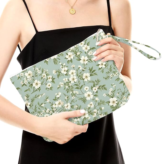 Fokongna Floral Print Wet Bag, Small Portable Waterproof Multi-Functional Organizer for Women, Green Tiny White Floral, Ideal for Daily, Beach & Travel