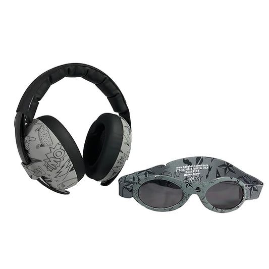 BANZ Baby Earmuffs Infant and Toddler Hearing Protection Headphones - Packaged Sunglasses Ages 0–2 Years – Ultimate Child Ear and Eye Protection – Stop Noise – Block Sun (Doodle Grey)