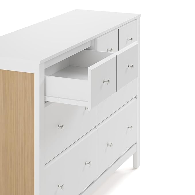 Storkcraft Horizon 6 Drawer Dresser (White with Driftwood) – GREENGUARD Gold Certified Dresser for Nursery & Kids’ Room, Modern Storage with Interlocking Drawer System