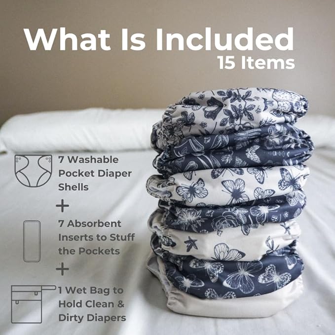 Nora's Nursery Cloth Diapers 7 Pack with 7 Inserts & 1 Wet Bag - Waterproof Cover, Washable, Reusable & One Size Adjustable Pocket Diapers for Newborns and Toddlers - Country Garden