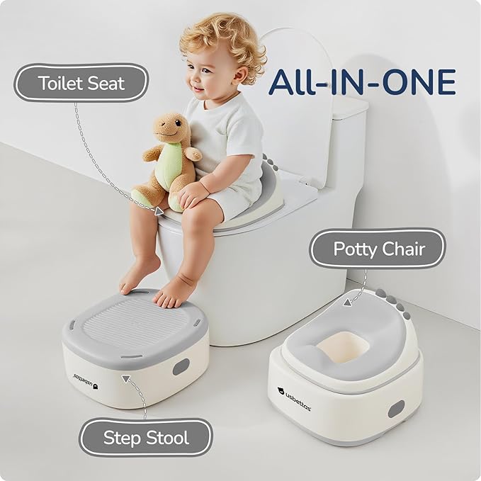 3 in 1 Potty Training Toilet, Dinosaur Toddler Potty Training Seat for Boys Girls with Comfortable Cushion, Easy-to-Clean and Anti-Slip Potty Training Step Stool for Toilet (Grey)