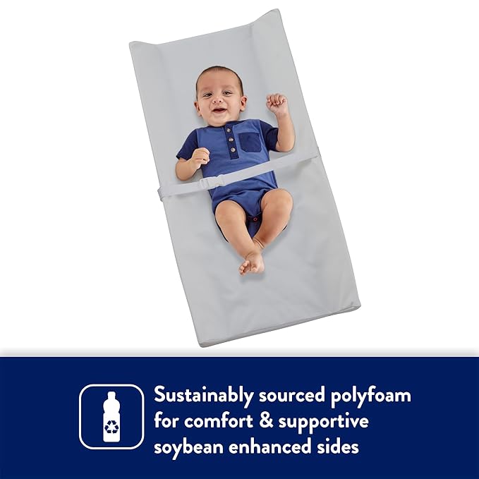 Kolcraft Waterproof Contoured Wipeable Baby Diaper Changing Pad for Dresser or Table, Durable Easy Clean Surface, Soybean Enhanced Foam, Safety Restraint Belt & Straps, Made in USA, White, 16' x 32'
