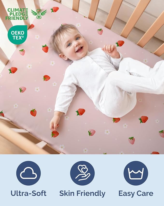 Baby Crib Sheets for Boys & Girls - Pack of 2 Fitted Microfiber Crib Sheets for Standard Crib & Toddler Mattress - Breathable & Wrinkle Free - Machine Washable - Oeko Tex - 52x28x8in - Strawberries