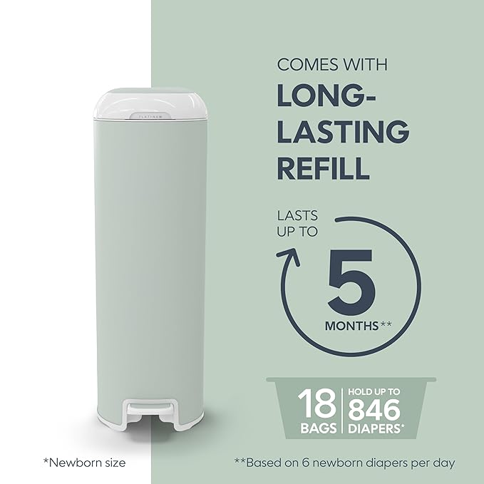 Diaper Genie Platinum Pail (Sage Green) is Made in Durable Stainless Steel and Includes 1 Easy Roll Refill with 18 Bags That can Last up to 5 Months.