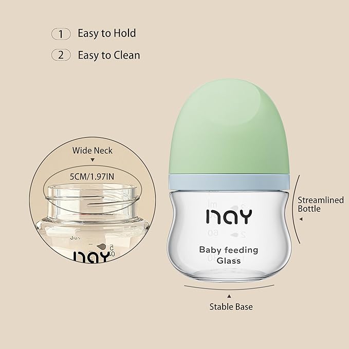 yanyoyo Natural Glass Baby Bottle Wide Neck, Newborn Anti-Colic Baby Bottle, Clear, 3oz(Pack of 4), Includes 4Pcs Slow Flow Nipple(SS), 0 Months+
