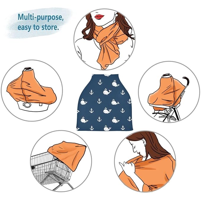 Nursing Cover Breastfeeding Soft Carseat Canopy Whales Blue Background Multi Use for Baby Car Seat Covers Canopy Shopping Cart Cover Scarf Light Blanket Stroller Cover