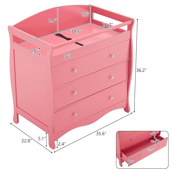 Karl home Changing Table，Dresser Baby Diaper Changing Station Infant Nursing Table with 3 Drawers, Safety Rail & Strap for Bedroom, Nursery, Pink