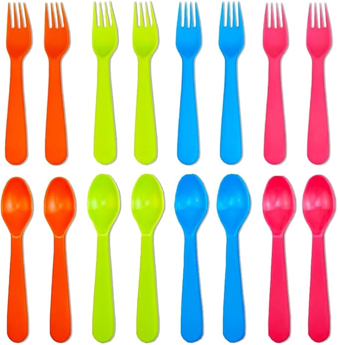 Jawbush 16 Pcs Kids Plastic Utensils, Reusable Toddler Feeding Utensils with 8 Forks and 8 Spoons, Colorful Kids Silverware Cutlery Set for School Lunch Box, BPA Free Dishwasher Safe