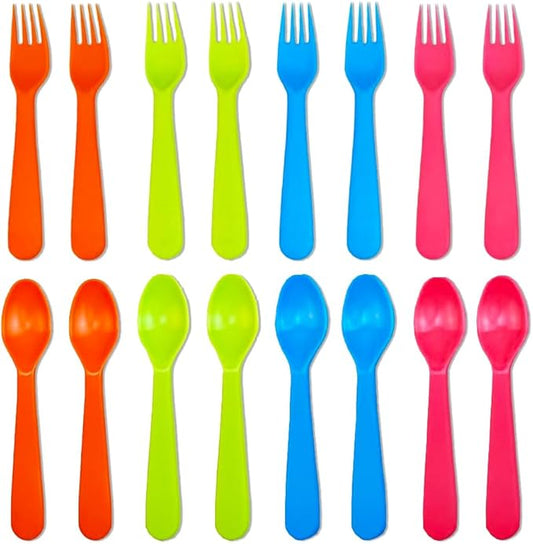 Jawbush 16 Pcs Kids Plastic Utensils, Reusable Toddler Feeding Utensils with 8 Forks and 8 Spoons, Colorful Kids Silverware Cutlery Set for School Lunch Box, BPA Free Dishwasher Safe