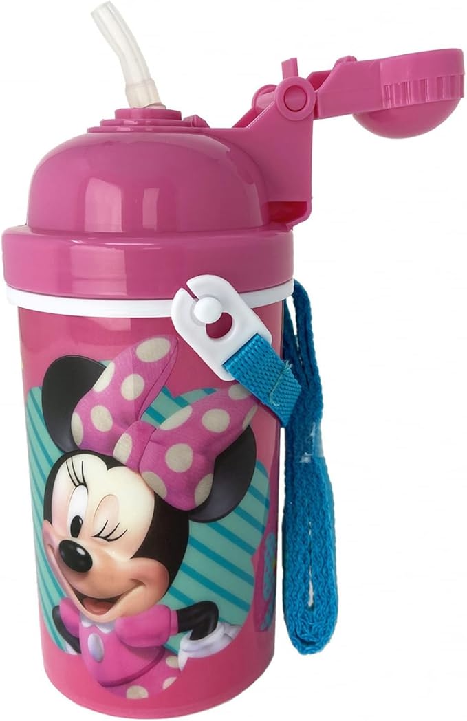 GRANSHOP Disney Classic Minnie Carrying Strap One Touch Water Bottles with Reusable Built in Straw - Safe Approved BPA Free, Easy to Clean (Minnie Canteen 16.9oz)