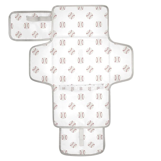 White Baseball Portable Diaper Changing Pad with Wipes Holder, Vintage Sport Foldable Baby Diaper Changer Travel Bag Cartoon Balls Baby Changing Mat with Built-in Pillow for Newborn