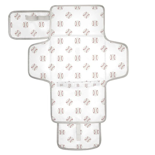White Baseball Portable Diaper Changing Pad with Wipes Holder, Vintage Sport Foldable Baby Diaper Changer Travel Bag Cartoon Balls Baby Changing Mat with Built-in Pillow for Newborn