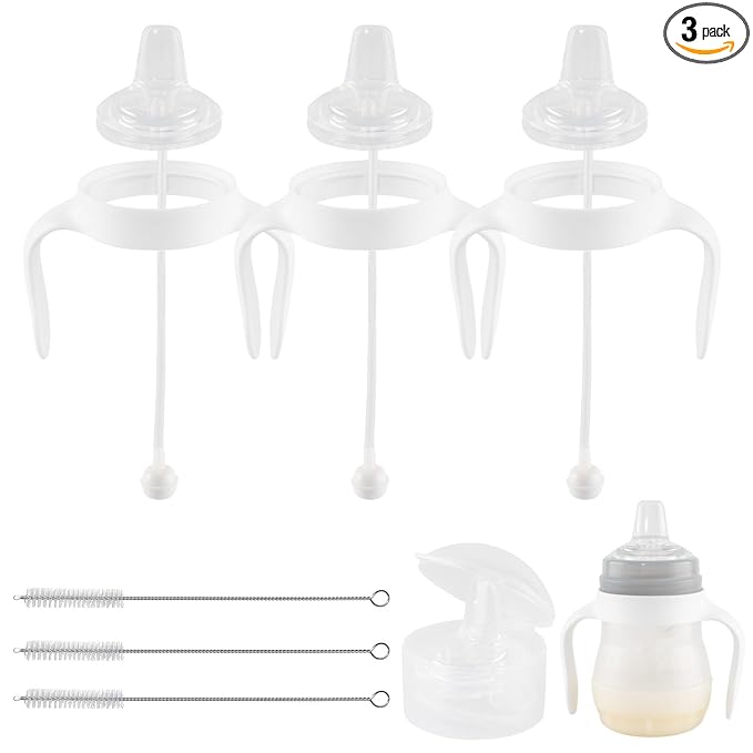 Sippy Cup Conversion Kit for Mam Bottles, Spill-Proof Transition Kit with Silicone Sippy Spout Nipple, Weighted Straw, Handle, 3 Pack, 6m+
