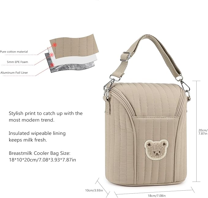 Lmbabter Embroidered Bear Stroller Organizer Tote Bag, Bottle Insulation Pouch, Portable Cooler Storage Essential for Milk/Breast Pump,Baby Travel Supplies (Brown)