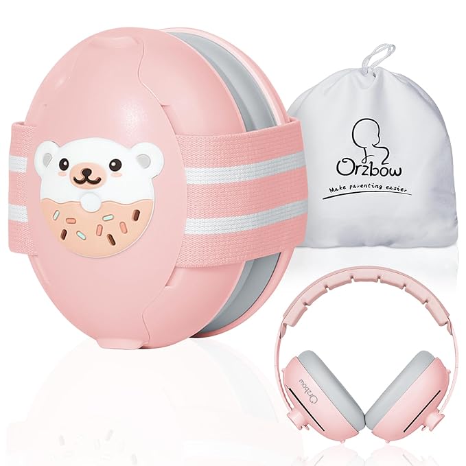 2-in-1 Baby Ear Protection for Babies Infant up to 48 Months, Baby Noise Cancelling Headphones with Cute Bear Design, Ear Muffs Noise Protection with Non-Slip Band for Airplane Travel Sleep, Pink