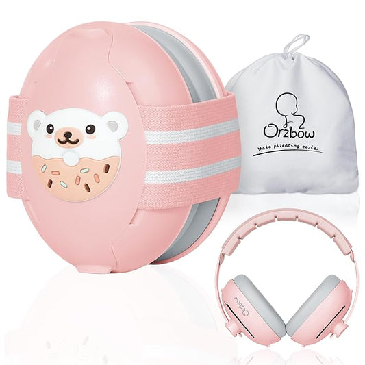 2-in-1 Baby Ear Protection for Babies Infant up to 48 Months, Baby Noise Cancelling Headphones with Cute Bear Design, Ear Muffs Noise Protection with Non-Slip Band for Airplane Travel Sleep, Pink