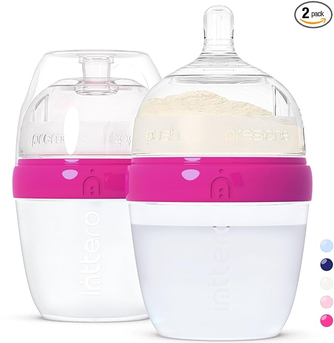 Baby Bottles with Built-in Formula Dispenser, Anti-Colic Wide Neck Design for Newborn Feeding and Everyday Baby Essentials, 6 Oz Slow Flow (2 Pack), Deep Magenta