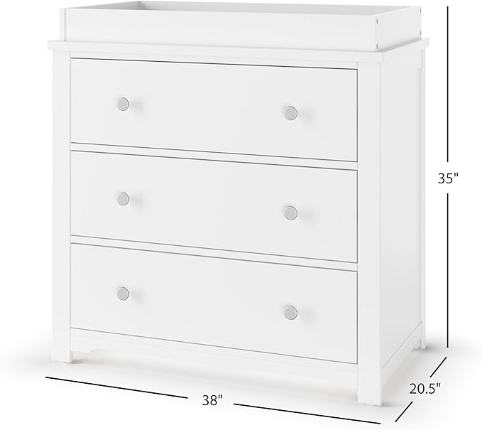 Child Craft Harmony 3-Drawer Dresser with Changing Table Topper, 38" W Nursery Dresser and Changing Station, Smooth Glides, Baby-Safe Finish, Matte White
