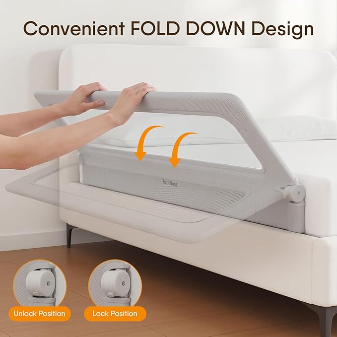 Folding Bed Rail for Toddlers, Baby Bed Rail Guard with Reinforced Anchor Safety System, Toddler Bed Rails for King Size Beds, Twin, Full, Queen (Grey, 71"x21.6")