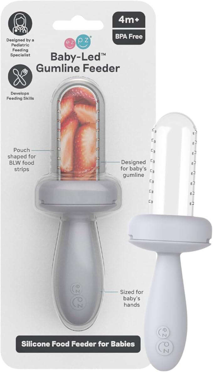 ezpz Baby-Led Gumline Feeder (Pewter) - Silicone Fruit Feeder for Infants 4 Months + - Baby Feeding Essentials - BLW Tools - Works Best with Compatible Ice Tray (Sold Separately)