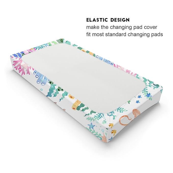 Colorful Nautical Life Changing Pad Cover Ocean Animals Corals Sea Weeds Baby Change Table Pad Cover for Boys Girls Soft Stretchy Fitted Diaper Changing Mat Sheets 32''x16''