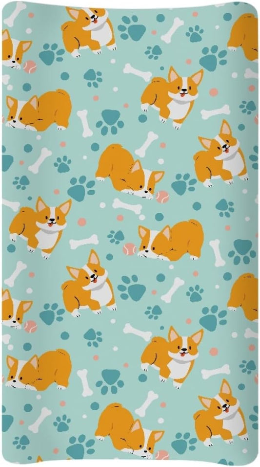 GOSTONG Corgi Dog Paws Print Baby Changing Pad Cover for Boys Girls Cozy Breathable & Washable Stretchy Fabric Diaper Table Cover Sheets, Fit 32x16 Inches Changing Mat