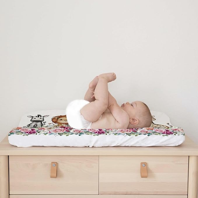 Baby Safari Animals Changing Pad Cover Cute Lion Elephant Giraffe Zebra Hippo Retro Floral Change Table Pad Cover for Boys Girls Soft Stretch Fitted Diaper Changing Mat Sheets 32''x16''