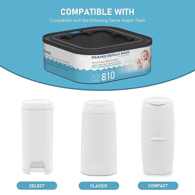Jumbo Square Refills Disposal Bags Refill (Baby Powder Scent) Compatible with Diaper Genie Classic, Compact and Select Pails, Hold Up to 810 Newborn-Sized Diapers Per Refill, 3 Packs