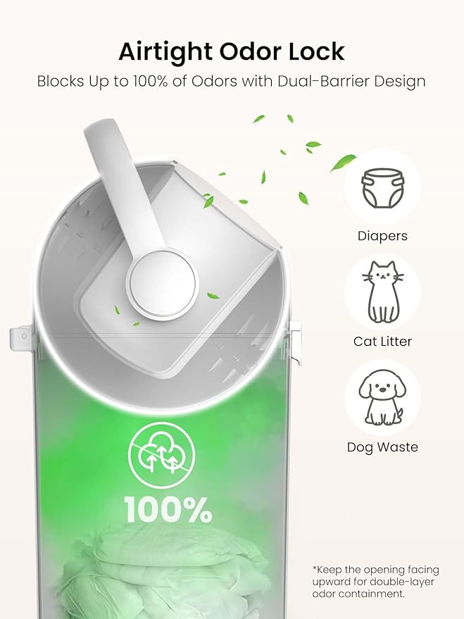 Grownsy Baby Diaper Pail, Odor-Locking Roll-Top Design, No Special Bag Required, One-Handed Use & Compact Design, Eco-Friendly Diaper Trash Can, Newborn Essentials, White