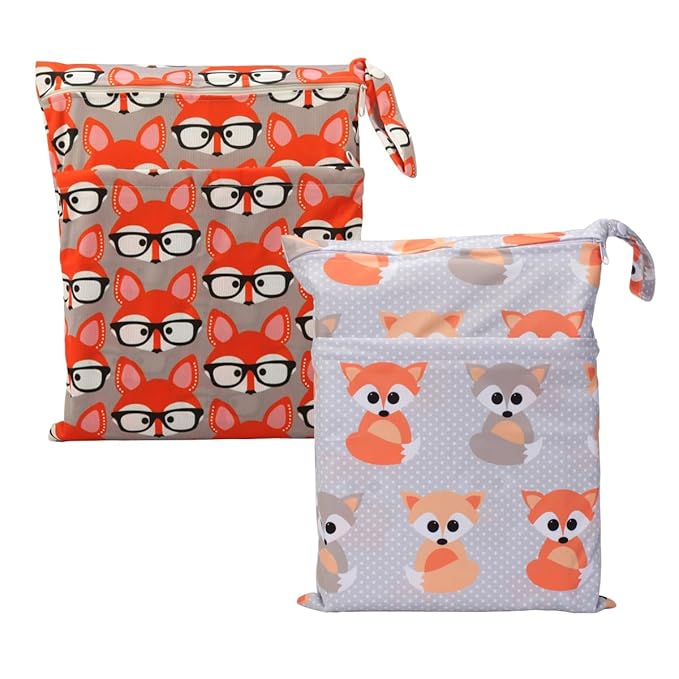 2 Wet Bags Reusable Diaper Nappy Bag With Two Zippered Pockets (Teepee Fox and Glasses Fox)