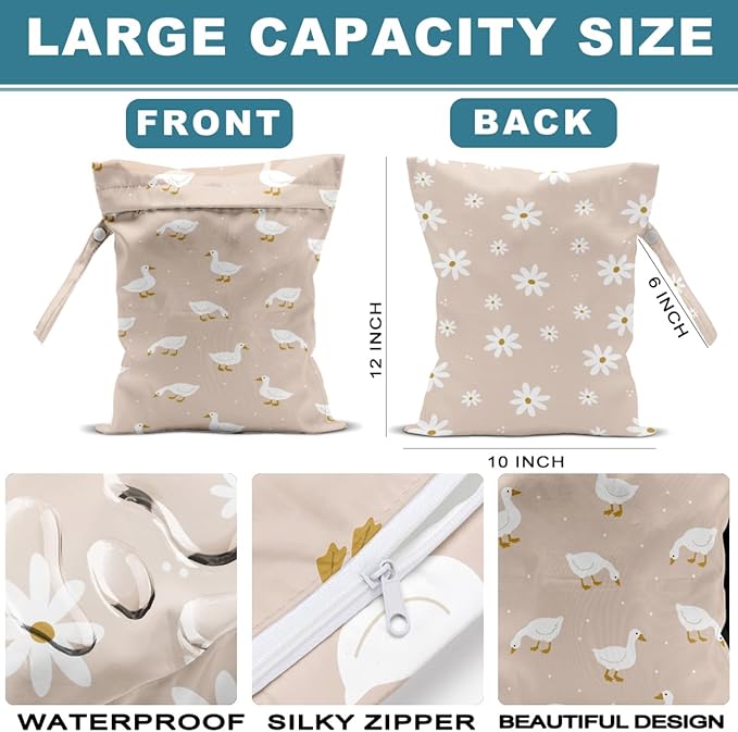 ZHAMEN 2Pcs Diaper Bag, Wet Dry Bag Reusable with Zipper, Travel, Beach, Pool, Diapers, Baby Clothes, Dirty Yoga Gym Clothes, Makeup Bag, Waterproof Wetdry Packing, Silly Goose Decor (12x10 Inch)