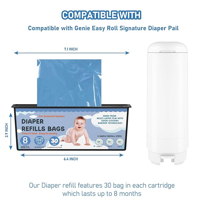 Diaper Pail Refills Bags with 30 Bags Compatible with Genie Easy Roll Signature Diaper Pails and Platinum Diaper Pails, Lasts Up to 8 Months, 7-Layer Odor-Barrier Technology, 3 Pack (90 Bags)