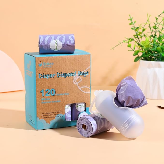 USBOO Disposable Diaper Bags for Baby | 8 Refill Rolls (120 Pack) | Lavender Scented | Baby Poop Bags with Dispenser | Essential for Travel and Quick Change on The Go